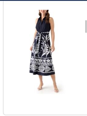 52seven Navy and White Printed Midi Dress with Tie Waist Shirtdress